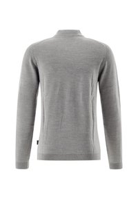 Grauer, langärmliger Pullover mit hohem Kragen, aus weichem Strickmaterial. Verfügt über gerippte Kanten und einen geraden Schnitt. Keine sichtbaren Muster oder Akzente.