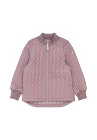 Giacca trapuntata rosa con collo e polsini a coste, dotata di una zip frontale e di un emblema sulla manica, progettata per calore e stile.