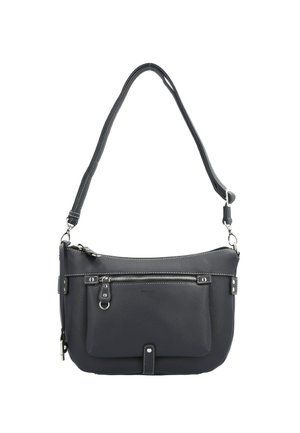 Black leather crossbody bag with front zippered pocket, silver hardware, and adjustable shoulder strap.