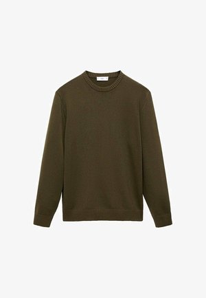 Maslinasto zeleni pulover izrađen od teksturiranog pletenog materijala, s okruglim izrezom, dugim rukavima i rebrastim manžetama i donjim rubom. Jednostavan dizajn i oblik.