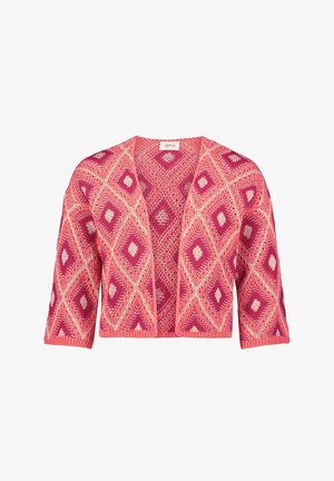 Cardigan lavorato a maglia in rosa e corallo con un motivo a diamante, apertura frontale, maniche a tre quarti e finitura testurizzata.