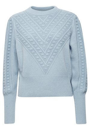 Ljusblå stickad tröja med ett strukturerat zigzagmönster, ribbade ärmar och rund hals. Materialet verkar mjukt och varmt.