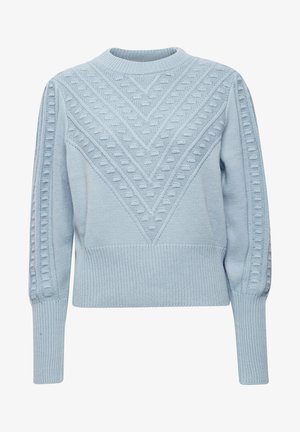 Svetlá modrá pletená Mikina s textúrovaným zigzag vzorom, rebrovanými manžetami a okrúhlym výstrihom. Materiál vyzerá mäkko a teplo.