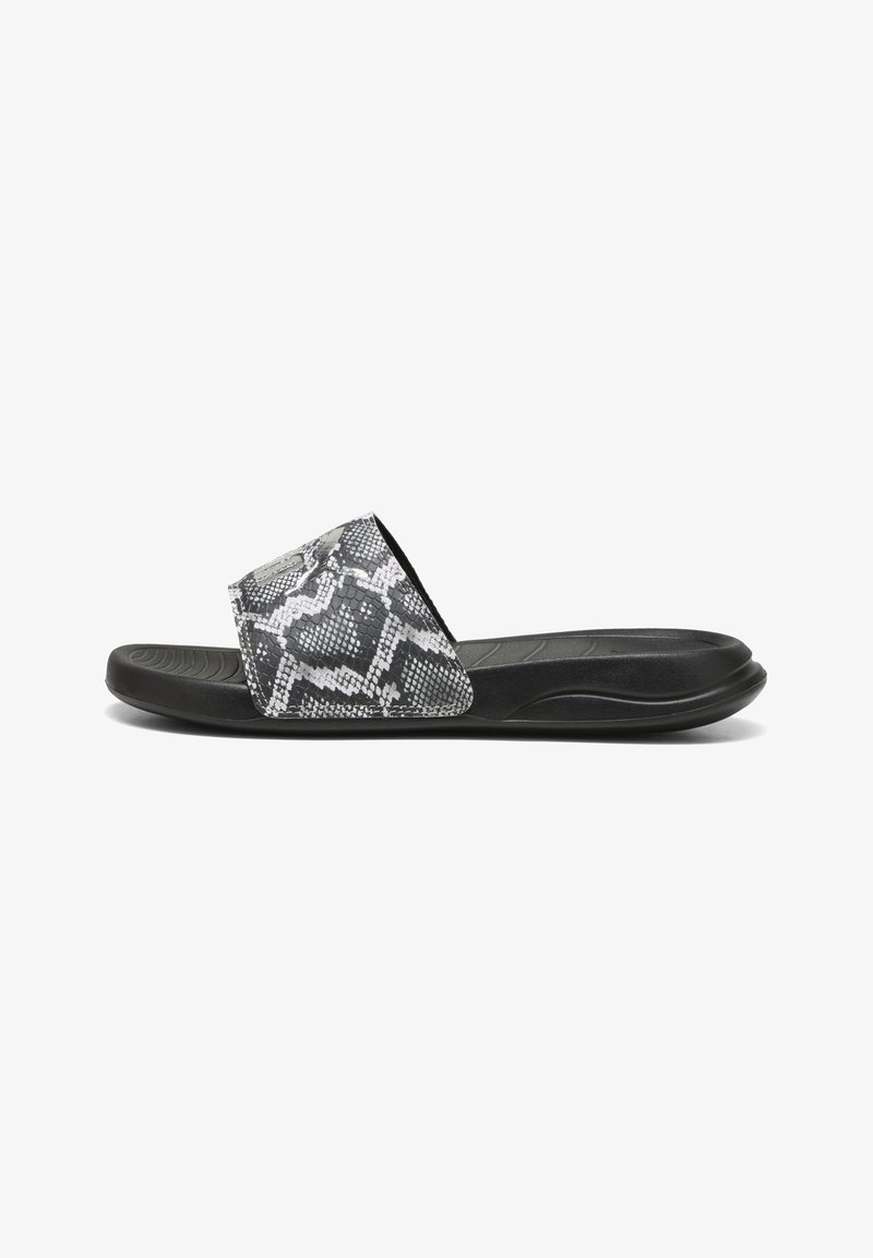 Black slide sandal featuring a textured snake print strap, soft footbed, and a durable rubber outsole.