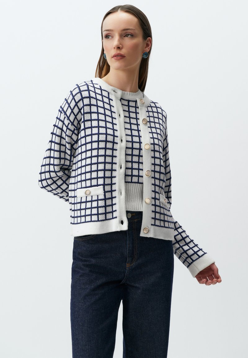 Marineblauwe en witte geblokte cardigan met ronde crèmekleurige knopen, geribde manchetten en twee voorzakken. Ggedragen over een lichte trui en donkere spijkerbroek.