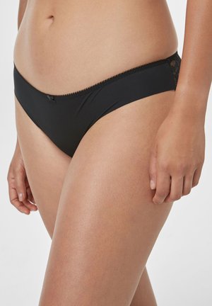 Zwarte bikini slip van gladde stof, met kantaccenten en een klein strikdetail aan de voorkant, met een lage taille en elastische rand.