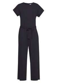 Navyblaues Jumpsuit aus weichem Stoff, mit kurzen Ärmeln, Rundhalsausschnitt, einer Brusttasche und einem gebundenen Taillengürtel. Lässig lockere weite Beine.