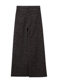 Zwarte denim wijde broek met een luipaardprintpatroon, vijf zakken en achterkant steekdetails.