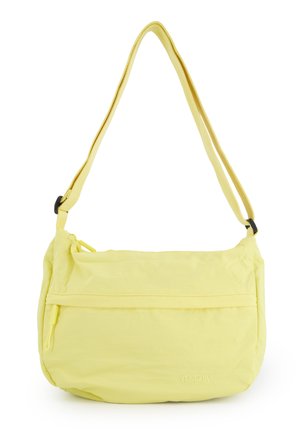 Gul skuldertaske med justerbar rem, frontlynlåslomme og subtilt prægede "Venezia"-logo på nederste højre side.