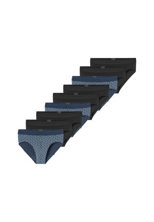 Neun Päckchen mit Slips in Schwarz und einem gemusterten blauen Design, ausgestattet mit elastischen Bundfalten und glatter Stoffstruktur.