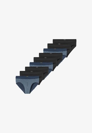 Negen paar slipjes in zwart en een blauw patroon, met elastische taillebanden en een gladde stoftextuur.
