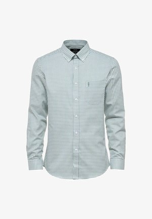 Zielono-biała koszula w kratę z długim rękawem, z kołnierzykiem zapinanym na guziki, pojedynczą kieszenią na piersi oraz akcentem logo po lewej stronie.
