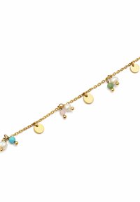 Gouden kettingarmband met kleine ronde bedels en kleurrijke kralen, waaronder turquoise, roze en groene accenten, met een gestructureerde afwerking.