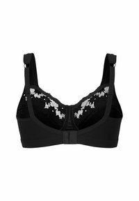 Svart bh i Plyscht tyg, med blommönstrade spetsdetaljer på kuporna. Justerbara axelband och hak-och-öga stängning på baksidan.