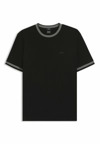 Sort bomulds T-shirt med grå kontrast ved rund halsudskæring og ærmer, med et lille, tonet brandlogo på forsiden.