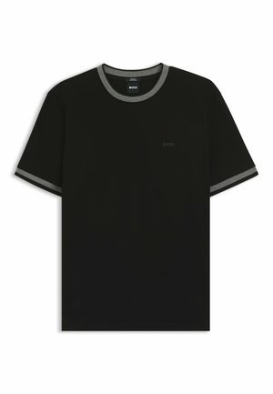 Schwarzes Baumwoll-T-Shirt mit grauem, kontrastierendem Rundhalsausschnitt und Ärmelbesatz, mit einem kleinen, tonalen Markenlogo auf der Vorderseite.