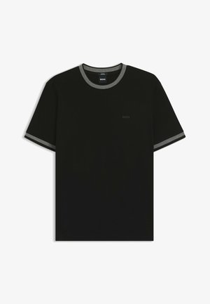 Black cotton t-shirt with gray contrasting crew neck and sleeve trim, featuring a small, tonal brand logo on the front.