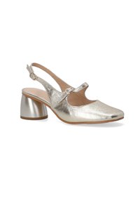 Metallisch goldener Slingback-Schuh mit spitzer Zehenpartie, verstellbarem Riemen mit Schnalle und mittelhohem, abgerundetem Blockabsatz. Glatte Oberfläche.