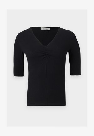 Schwarzes kurzärmeliges Oberteil mit V-Ausschnitt und gerafftem Detail in der Mitte vorne, aus geripptem Stoff, vor einfarbigem Hintergrund präsentiert.