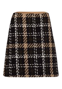 Jupe à carreaux noir et beige en tissu texturé, dotée d'une taille haute et d'une silhouette évasée. Accentuée de coutures blanches.