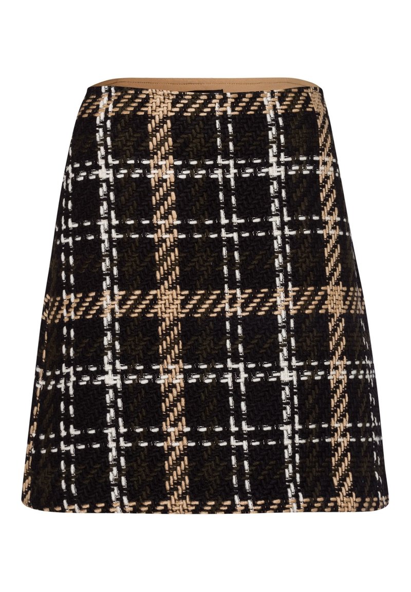 Jupe à carreaux noir et beige en tissu texturé, dotée d'une taille haute et d'une silhouette évasée. Accentuée de coutures blanches.