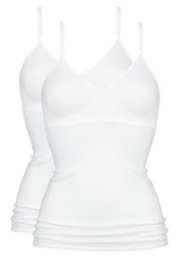 Witte camisoles met een V-hals ontwerp, verstelbare bandjes en een soepel, rekbaar materiaal. Twee stukken afgebeeld.