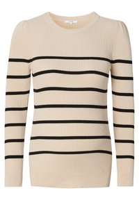 Beige gerippter Pullover mit langen Ärmeln, der schwarze horizontale Streifen aufweist. Strukturierter Stoff mit rundem Ausschnitt und taillierter Silhouette.