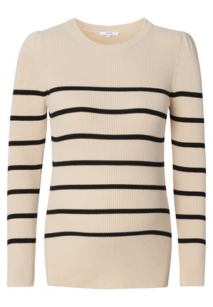Beige gerippter Pullover mit langen Ärmeln, der schwarze horizontale Streifen aufweist. Strukturierter Stoff mit rundem Ausschnitt und taillierter Silhouette.