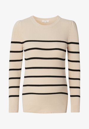 Beige ribbet strik med lange ærmer, der har sorte vandrette striber. Textureret stof med rund halsudskæring og tætsiddende silhuet.