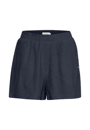 Shorts di un blu scuro realizzati in tessuto morbido con una cintura elastica e tasche laterali. Presentano un dettaglio del logo sul bordo inferiore.