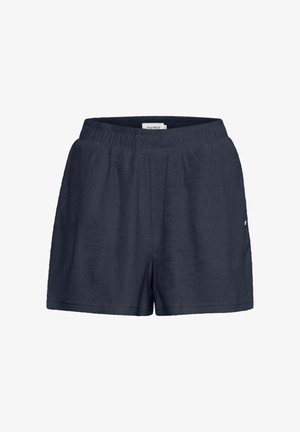 Mørk marineblå shorts laget av mykt stoff med elastisk midjebånd og sidelommer. Har logo detaljer på bunnkanten.