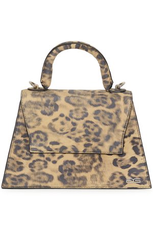 Leopardprint håndtaske med en struktureret form, lavet af tekstureret kunstlæder. Har en top-håndtag og en klaplukning. Sorte accenter hele vejen igennem.