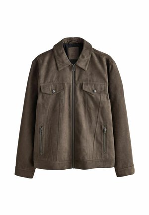 Braune Kunstwildlederjacke mit Kragen, Reißverschluss, zwei Brusttaschen und seitlichen Reißverschlüssen. Verfügt über vertikale Nahtdetails und eine glatte Textur.