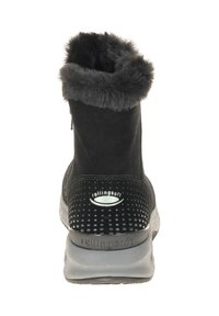 Zwarte nubuck enkellaars met een nep bont manchet, textuur mesh details op de hak en een gevoerde zool. Heeft een zijrits voor gemakkelijk aan- en uittrekken.