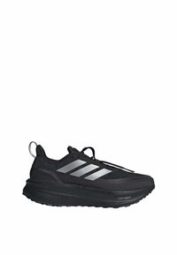 Black running shoe with mesh upper, three silver stripes, a textured heel, and a thick black sole labeled "LIGHTBOOST."