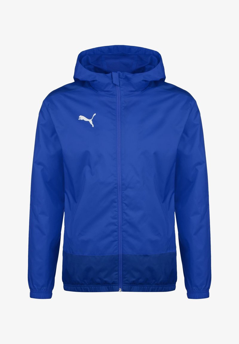 Veste coupe-vent à capuche Puma bleue avec fermeture éclair à l'avant et logo Puma blanc sur la poitrine gauche, poignets élastiques et bandeau inférieur bleu foncé.