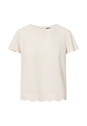 Top de manga corta en color marfil, con escote redondo y dobladillo con forma de concha. Fabricado en una tela suave con corte holgado, presenta un cierre en la parte trasera.