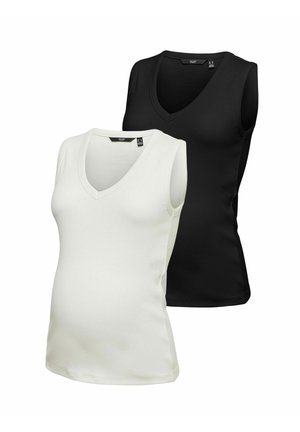 Hauts de maternité blancs et noirs sans manches avec col en V et coupe ajustée, présentés sur fond blanc.
