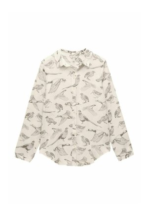 Long-sleeve button-up shirt with collar, featuring detailed black bird illustrations on a white background.