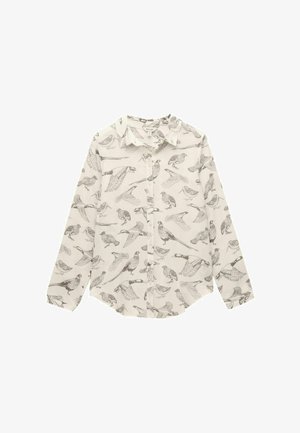 Košela s dlhým rukávom a golierom, ktorá má na bielom pozadí detailne vyobrazené čierne ilustrácie vtákov.