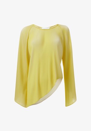Haut plissé jaune à manches longues, ourlet asymétrique, tissu léger et rayures verticales subtiles, avec un col rond.