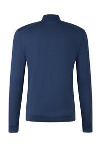 Dunkelblauer, langärmliger Pullover mit Rundhalsausschnitt, von hinten gezeigt, mit einem enganliegenden Bund und abgekrempelten Ärmeln.
