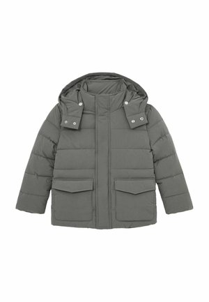 Šedá péřová bunda s kapucí, s předním zipem, patentním uzávěrem, dvěma předními kapsami a šitými panely pro izolaci.