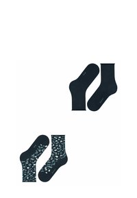 Skarpetki w solidnym ciemnym granatowym kolorze oraz w wzorze z nieregularnymi jasnoniebieskimi i białymi kształtami na ciemnym tle.