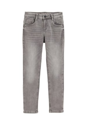 Graue Denim-Jeans mit klassischem Schnitt, ausgestattet mit fünf Taschen, einem Knopf- und Reißverschluss sowie dezenten Ausbleichungen für einen getragenen Look.