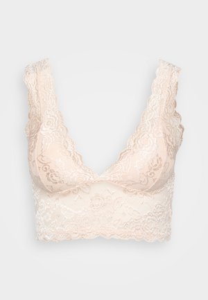 Δαντελένιο bralette σε ανοιχτό ροζ χρώμα με οδοντωτές άκρες, σχέδιο v-neck, λουλουδένιο μοτίβο και απαλή υφή. Χωρίς επένδυση με ελαστική εφαρμογή.
