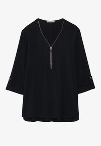 Black top with a V-neck and half-zip closure; features three-quarter sleeves with rolled cuffs and gold-tone hardware accents.