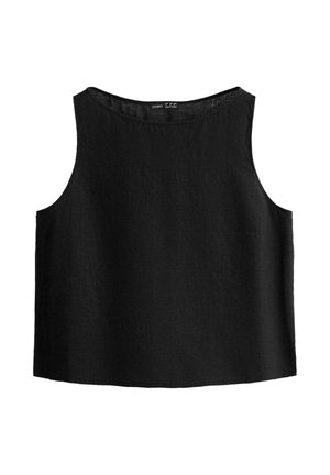 Čierny ľanový crop top bez rukávov s okrúhlym výstrihom a rovnými okrajmi, položený na bielom pozadí.
