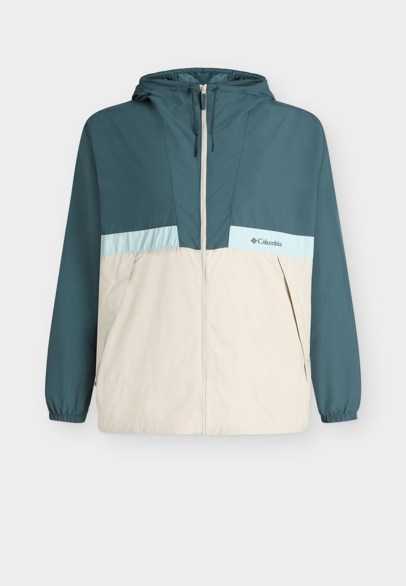 Αδιάβροχο τζάκετ με κουκούλα και φερμουάρ μπροστά, ελαστικά μανίκια, σε μπλοκ χρωμάτων τιρκουάζ, γαλάζιο και μπεζ, με λογότυπο Columbia στο στήθος.