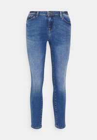 Blue faded skinny jeans with front pockets, belt loops, and button closure on a white background.